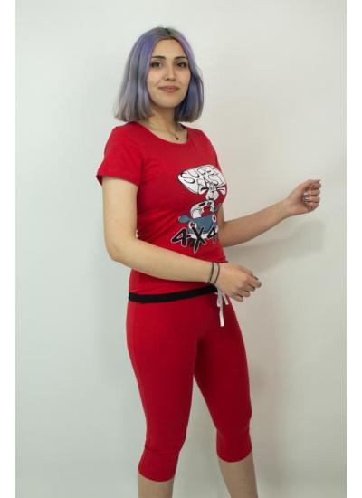 Kadın Teknur Baskılı Kapri T-Shirt Pijama Takımı Kırmızı