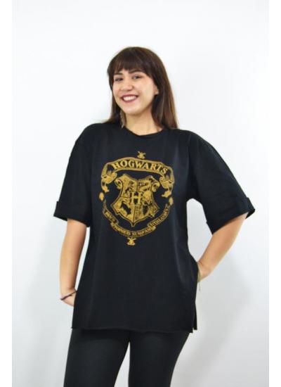 Hogwarts Baskılı Duble Kol Yırtmaçlı Oversize Kadın T-Shirt Siyah