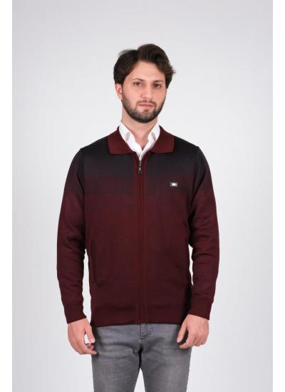 Çizgi Triko Erkek Battal Boy Polo Yaka Astarlı Triko Mont Fermuarlı Desenli 3XL - 4XL - 5XL - Bordo