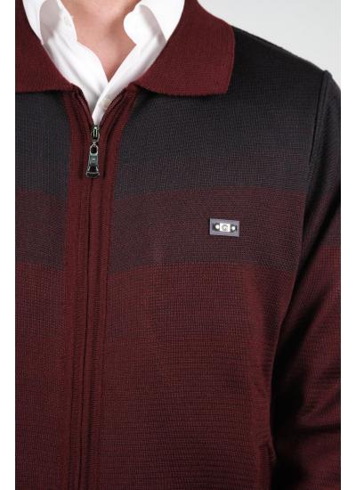 Çizgi Triko Erkek Battal Boy Polo Yaka Astarlı Triko Mont Fermuarlı Desenli 3XL - 4XL - 5XL - Bordo