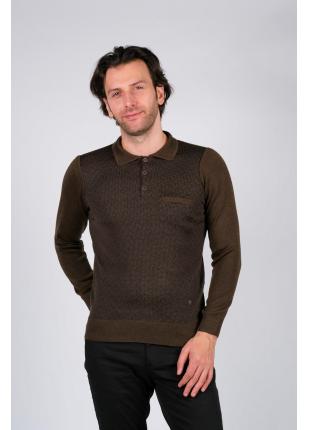 Çizgi Triko Erkek Polo Yaka Desenli Kol ve Bel Lastikli Kışlık Dokuma Triko Kazak - Kahverengi