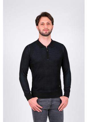 Çizgi Triko Erkek Polo Yaka Fermuarlı Triko Kazak Desenli Klasik Bel ve Kol Lastikli Dokuma - Siyah