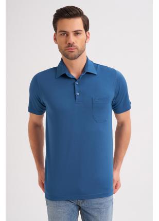 Çizgi Triko Erkek Battal Boy Polo Yaka Tişört Düz Renk Günlük Cep Detaylı - İndigo