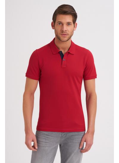 Çizgi Triko Erkek Slim Fit Polo Yaka Tişört Desenli Kolu Lastikli Kumaş %100 Pamuk - Kırmızı