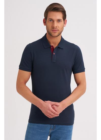 Çizgi Triko Erkek Slim Fit Polo Yaka Tişört Desenli Kolu Lastikli Kumaş %100 Pamuk - Lacivert