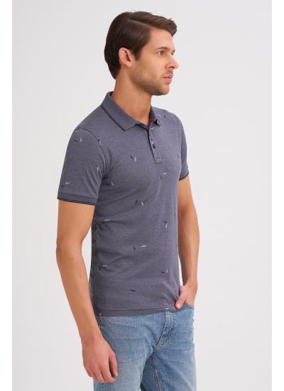 Çizgi Triko Erkek Slim Fit Polo Yaka Tişört Desenli Kolu Lastikli - Lacivert