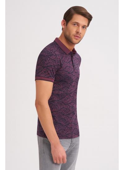 Çizgi Triko Erkek Slim Fit Polo Yaka Tişört Kolu Lastikli Desenli Günlük - Bordo