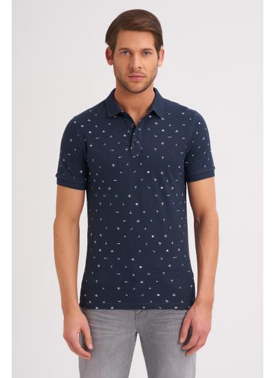 Çizgi Triko Erkek Tişört Slim Fit Polo Yaka Kolu Lastikli Desenli %100 Pamuk Kumaş - Lacivert