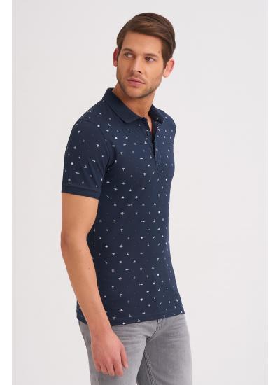 Çizgi Triko Erkek Tişört Slim Fit Polo Yaka Kolu Lastikli Desenli %100 Pamuk Kumaş - Lacivert