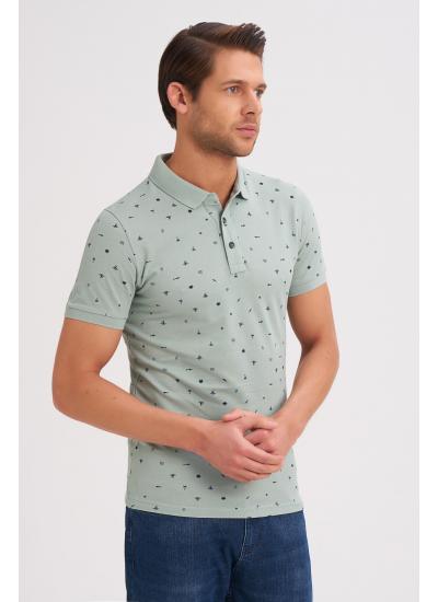 Çizgi Triko Erkek Tişört Slim Fit Polo Yaka Kolu Lastikli Desenli %100 Pamuk Kumaş - Yeşil