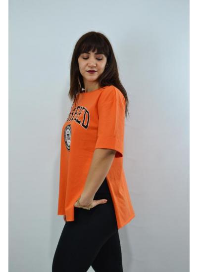 Berfield Baskılı Duble Kol Yırtmaçlı Oversize Kadın T-Shirt Turuncu