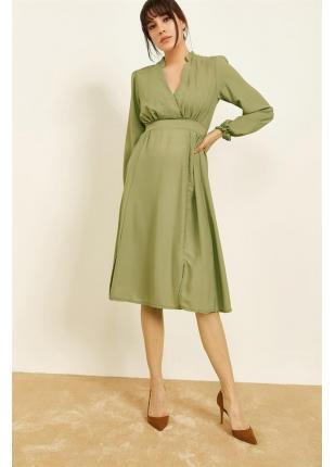 Kadın Haki Kruvaze Büzgülü Elbise