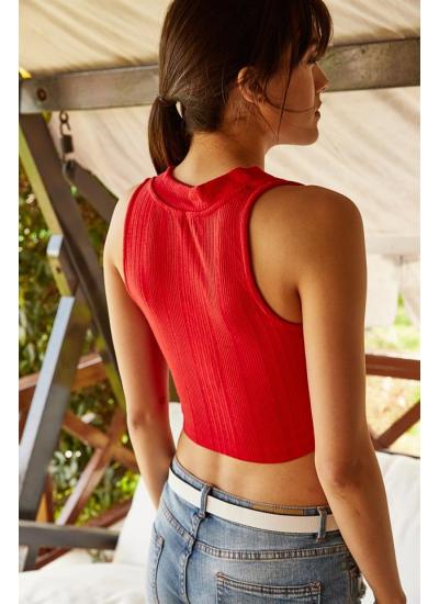 Kadın Kırmızı V Yaka Crop Top