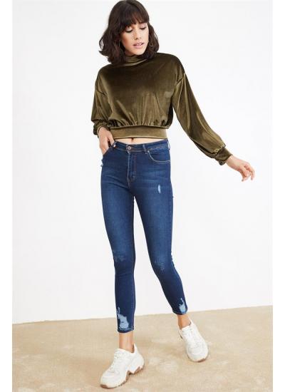 Kadın Mavi Eskitme Efektli Skinny Jeans