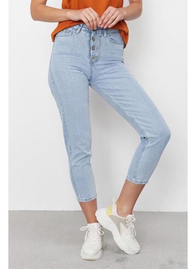 Kadın Mavi Önden Düğmeli Yüksek Bel Mom Jeans