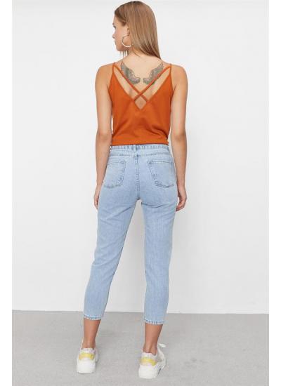 Kadın Mavi Önden Düğmeli Yüksek Bel Mom Jeans