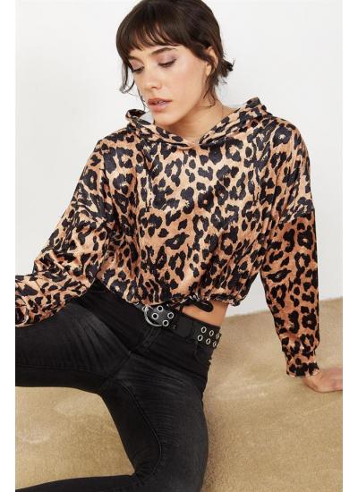 Kadın Siyah Leopar Desenli Kadife Sweatshirt