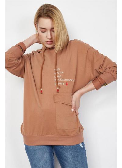 Kadın Taba Yazı Ve Cep Detaylı Sweatshirt